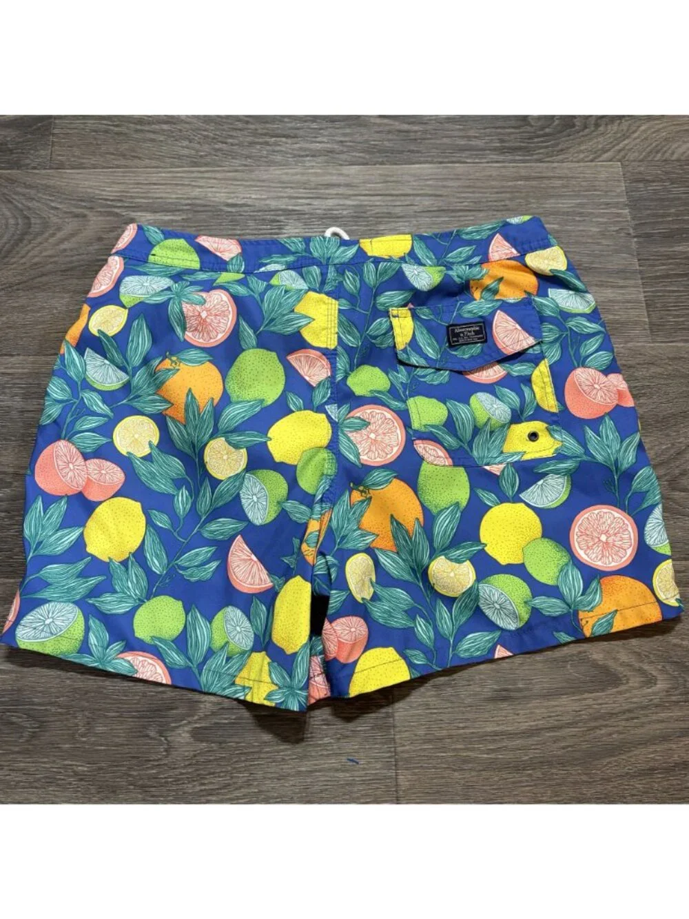 Abercrombie & Fitch Swim Trunks 31 Blue Yellow Green Tropical Lined Drawstring